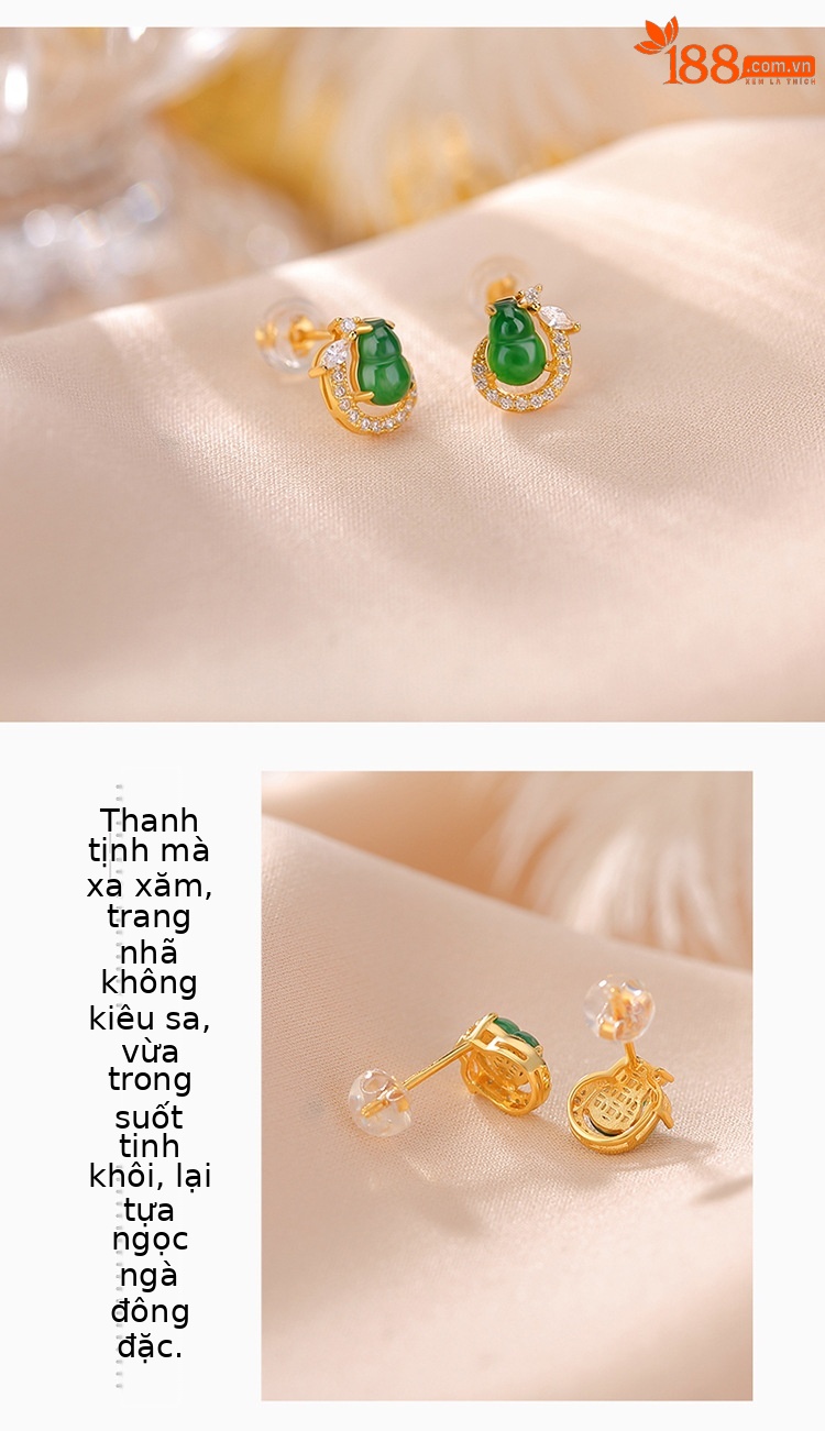 Khuyên tai nữ bạc S925 mạ vàng hình hươu đính ngọc bích phong cách retro — Kiểu màu bạc chi tiết 3