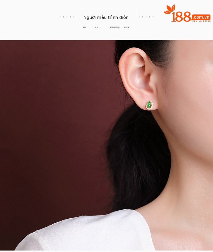 Khuyên tai nữ bạc S925 mạ vàng hình hươu đính ngọc bích phong cách retro — Kiểu màu bạc chi tiết 5