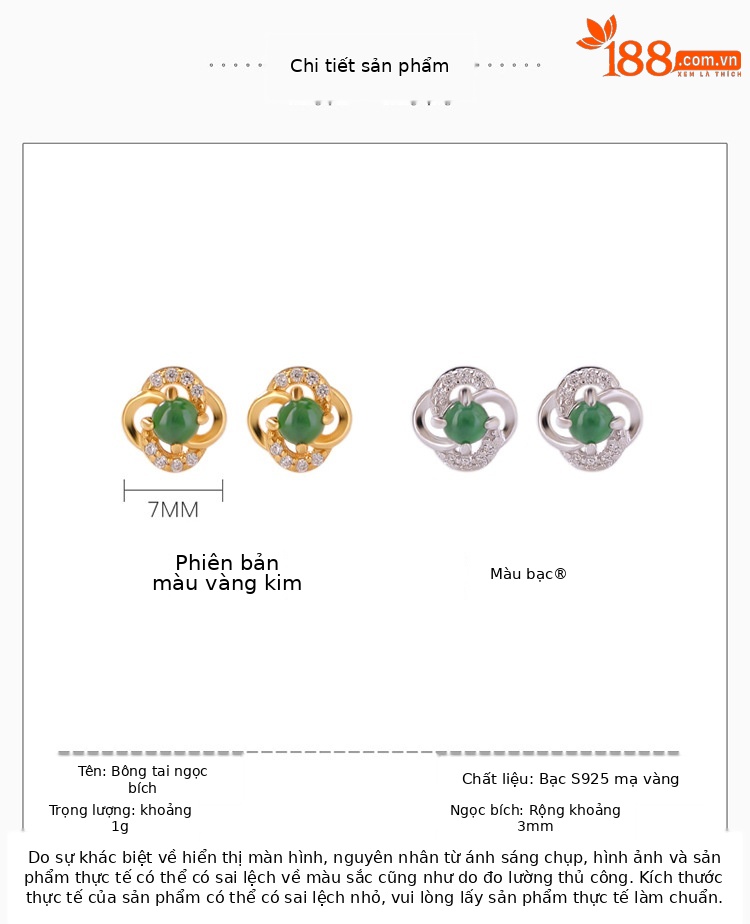 Bông tai nữ mạ vàng bạc S925 đính ngọc bích rỗng hoa tinh tế — Kiểu màu bạc chi tiết 2