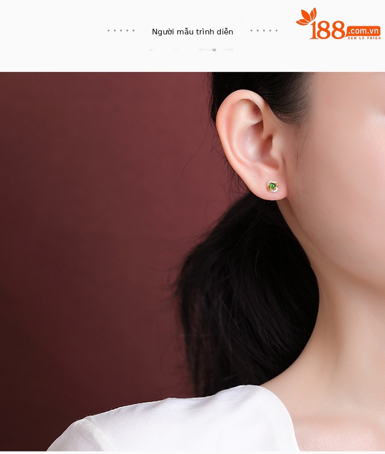 Bông tai nữ mạ vàng bạc S925 đính ngọc bích rỗng hoa tinh tế — Kiểu màu bạc chi tiết 5