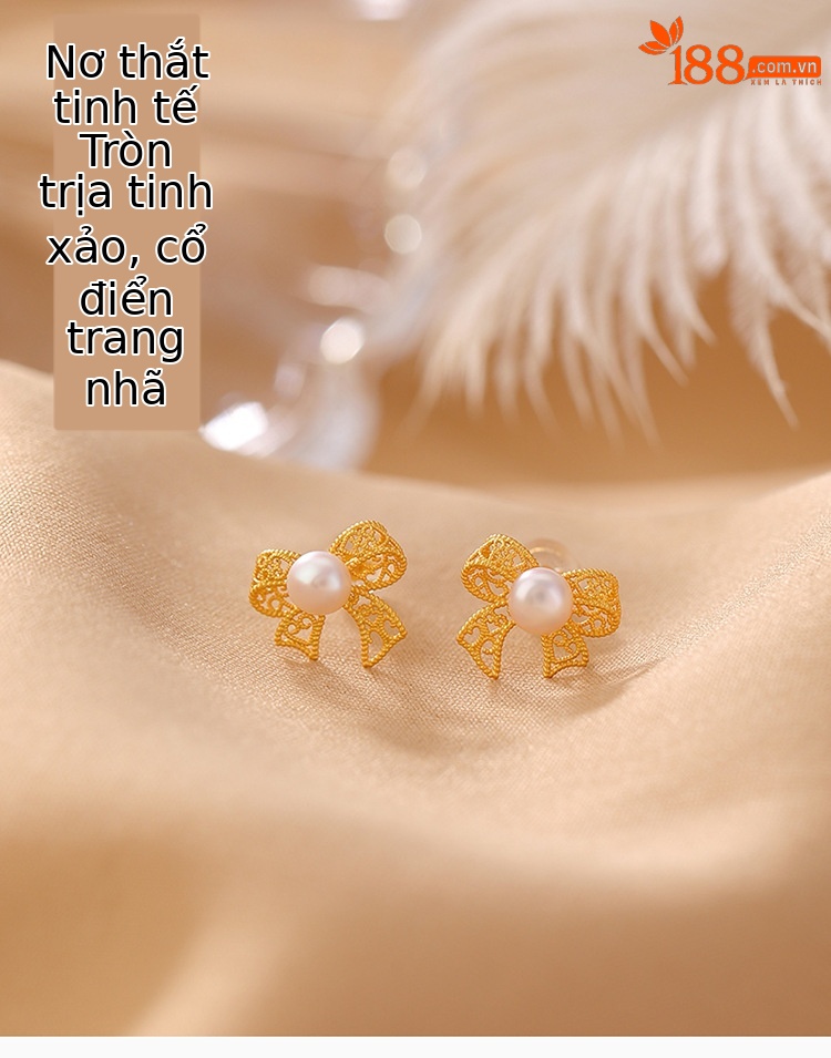 Khuyên tai nữ bạc S925 mạ vàng đính ngọc trai nước ngọt hình nơ rỗng tinh tế — Một cặp chi tiết 1