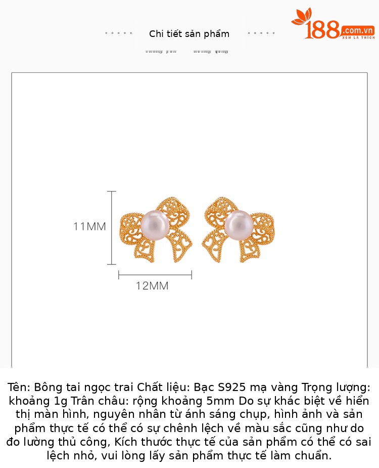 Khuyên tai nữ bạc S925 mạ vàng đính ngọc trai nước ngọt hình nơ rỗng tinh tế — Một cặp chi tiết 2