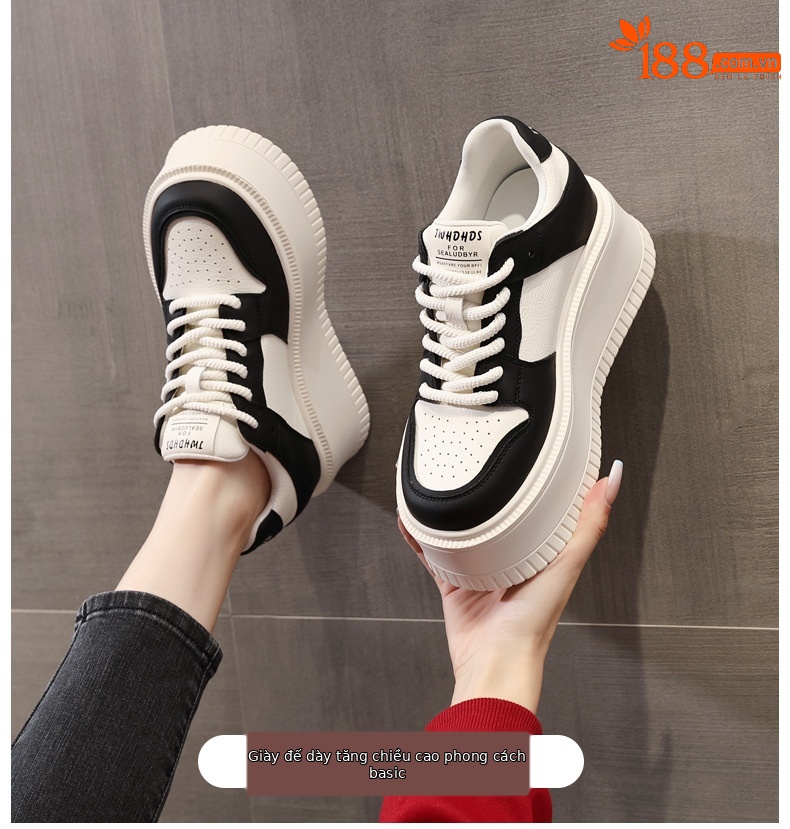 Giày sneaker nữ đế bánh xốp tăng chiều cao bên trong, phối đơn giản mùa hè thu 2024 — Màu be, Màu đen chi tiết 1