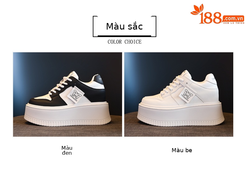 Giày sneaker nữ đế bánh xốp tăng chiều cao bên trong, phối đơn giản mùa hè thu 2024 — Màu be, Màu đen chi tiết 2