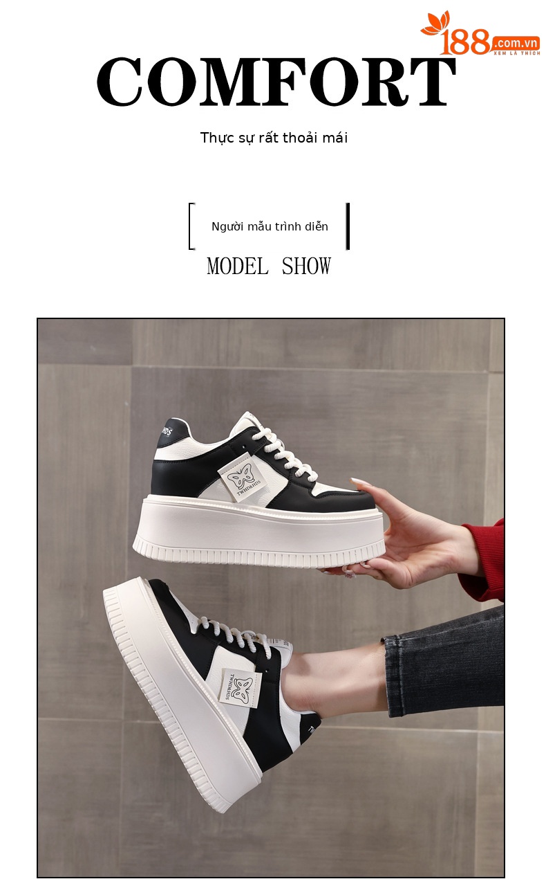 Giày sneaker nữ đế bánh xốp tăng chiều cao bên trong, phối đơn giản mùa hè thu 2024 — Màu be, Màu đen chi tiết 11