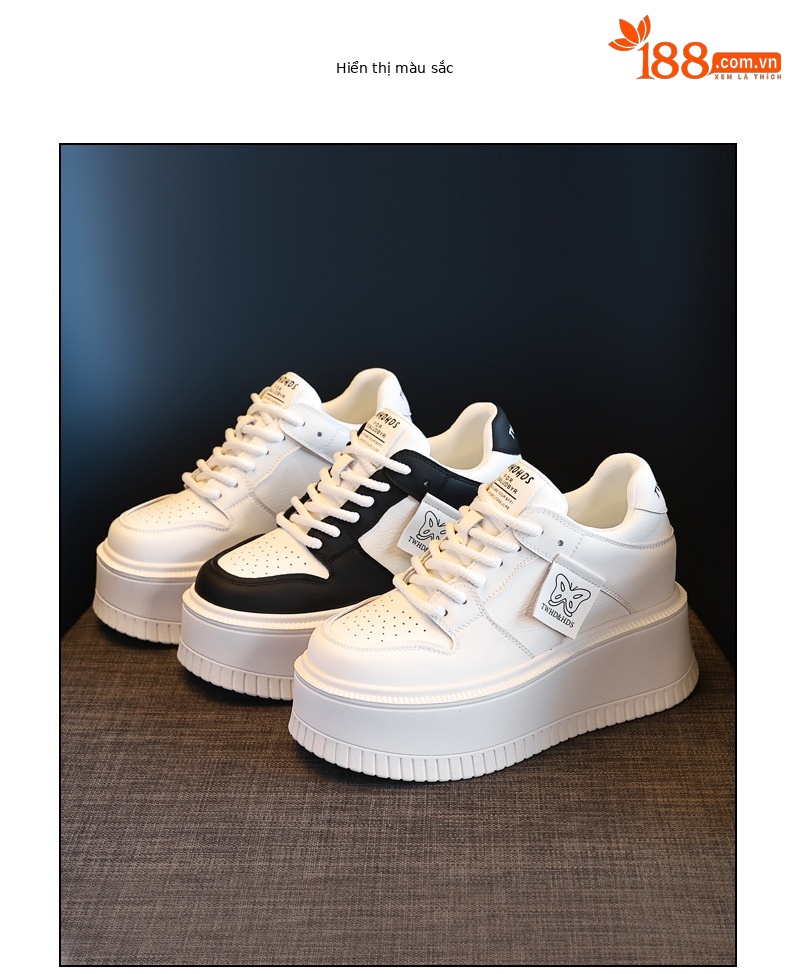 Giày sneaker nữ đế bánh xốp tăng chiều cao bên trong, phối đơn giản mùa hè thu 2024 — Màu be, Màu đen chi tiết 18