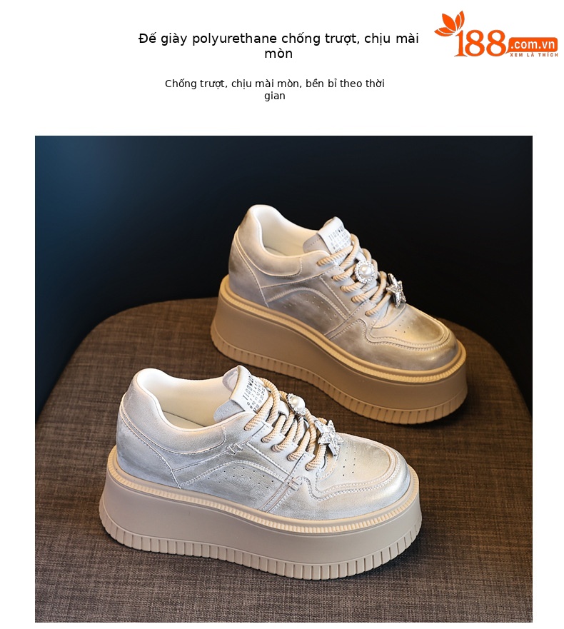 Giày sneaker nữ chunky đế dày phong cách retro đánh bóng màu be — Màu be chi tiết 9