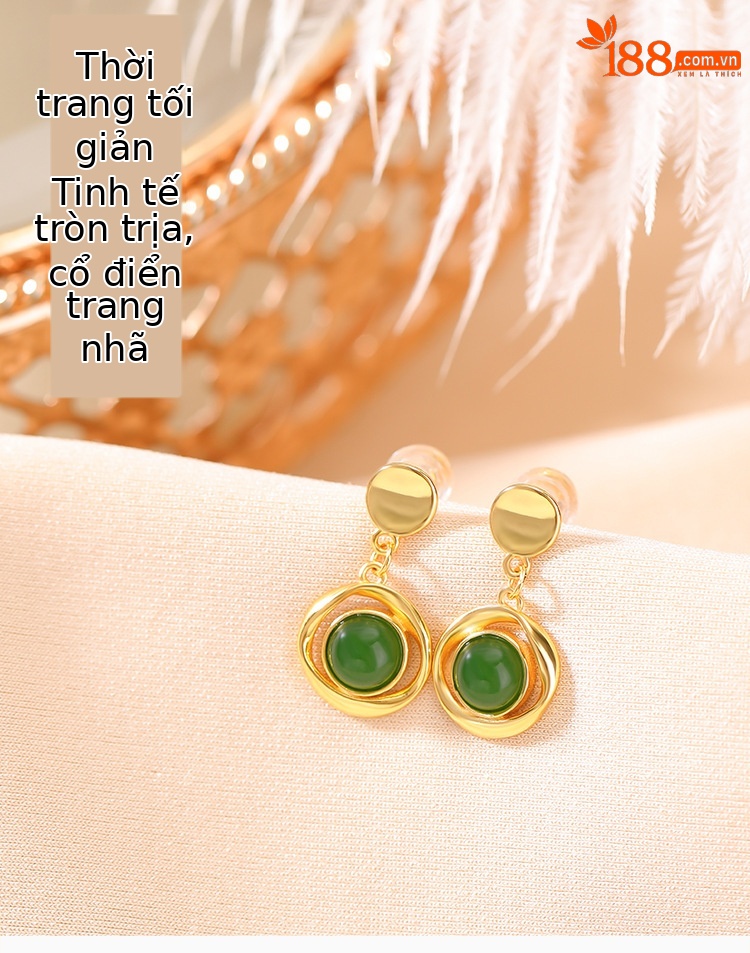 Khuyên tai nữ bạc S925 mạ vàng đính ngọc bích hình hạt tròn xoắn retro — Kiểu màu bạc chi tiết 1