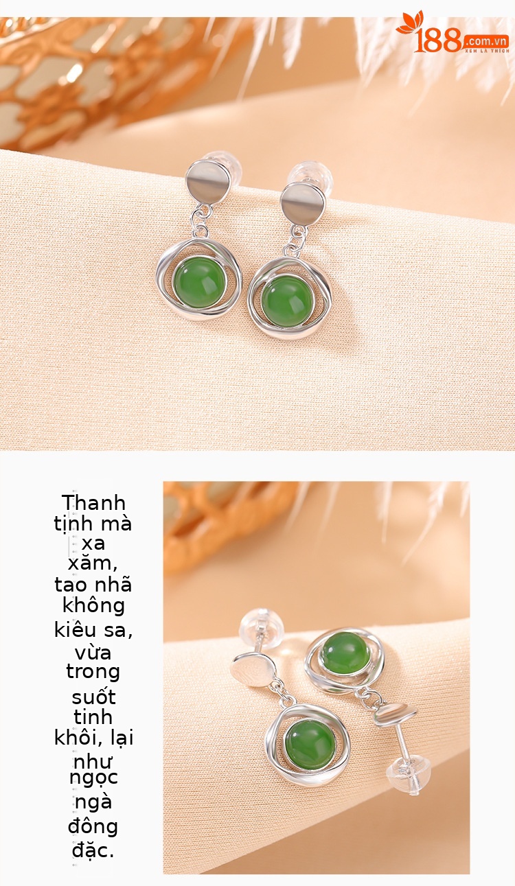 Khuyên tai nữ bạc S925 mạ vàng đính ngọc bích hình hạt tròn xoắn retro — Kiểu màu bạc chi tiết 3