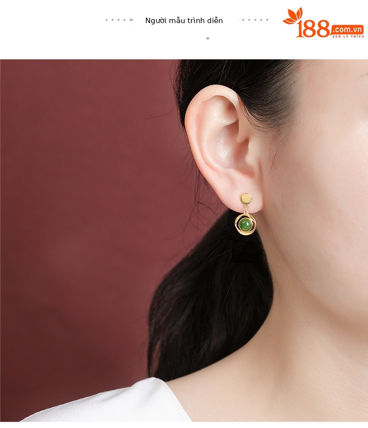 Khuyên tai nữ bạc S925 mạ vàng đính ngọc bích hình hạt tròn xoắn retro — Kiểu màu bạc chi tiết 5