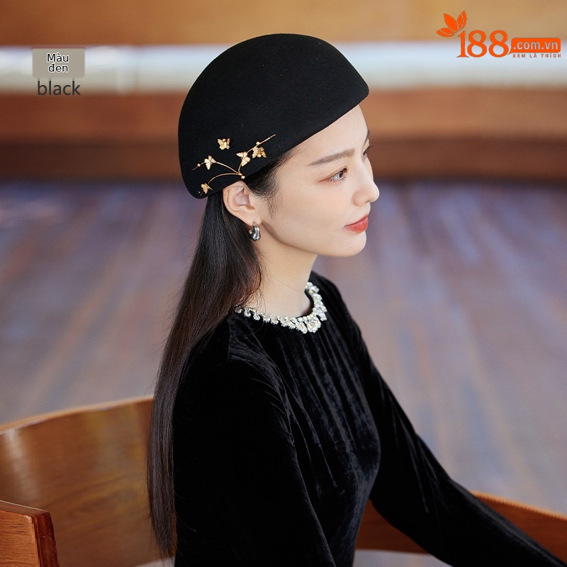 Mũ beret len nữ kiểu bướm, phong cách họa sĩ retro, ấm áp mùa thu đông — Màu đen