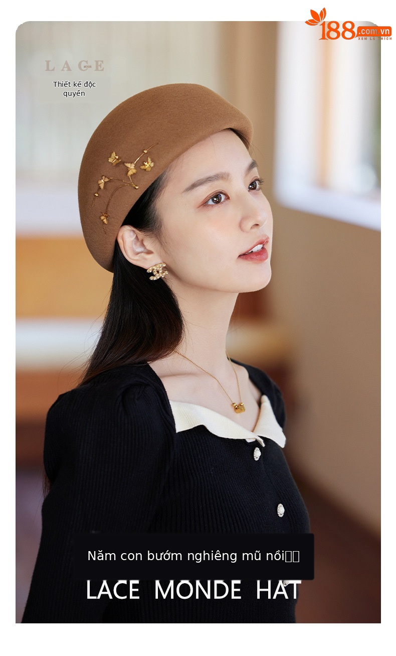 Mũ beret len nữ kiểu bướm, phong cách họa sĩ retro, ấm áp mùa thu đông — Màu đen chi tiết 1