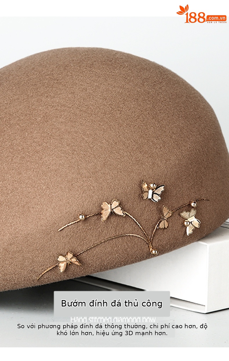 Mũ beret len nữ kiểu bướm, phong cách họa sĩ retro, ấm áp mùa thu đông — Màu đen chi tiết 3