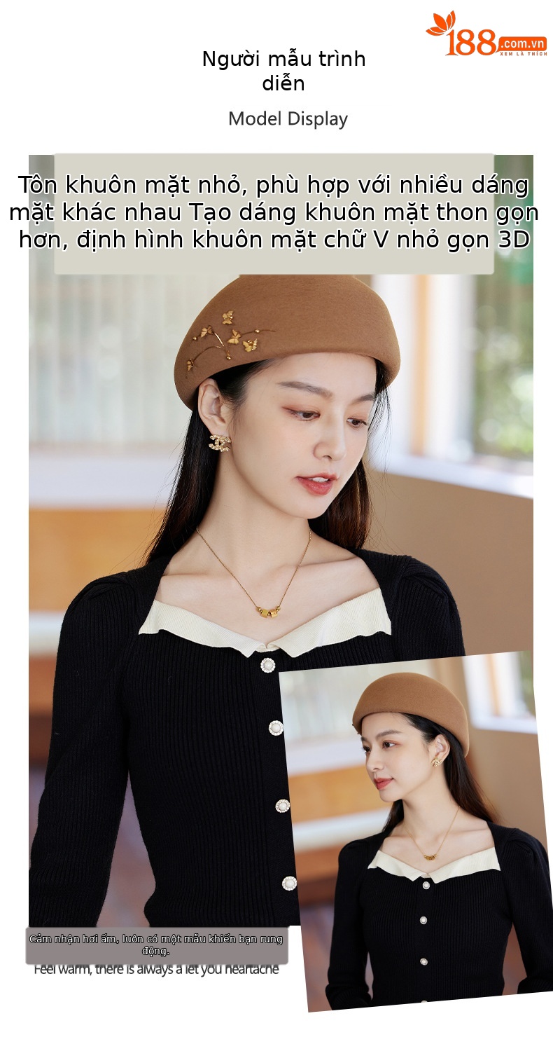 Mũ beret len nữ kiểu bướm, phong cách họa sĩ retro, ấm áp mùa thu đông — Màu đen chi tiết 5