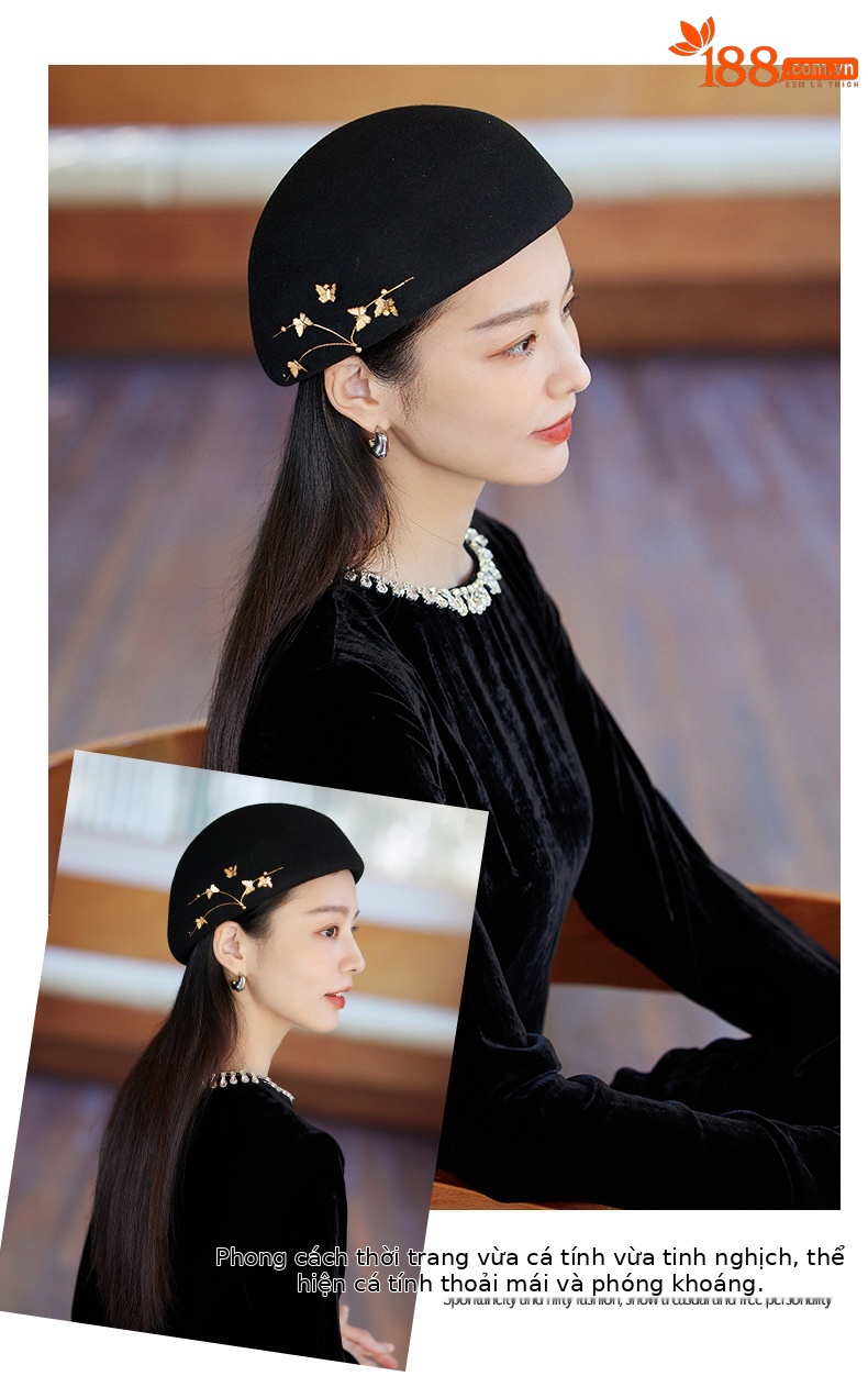 Mũ beret len nữ kiểu bướm, phong cách họa sĩ retro, ấm áp mùa thu đông — Màu đen chi tiết 6