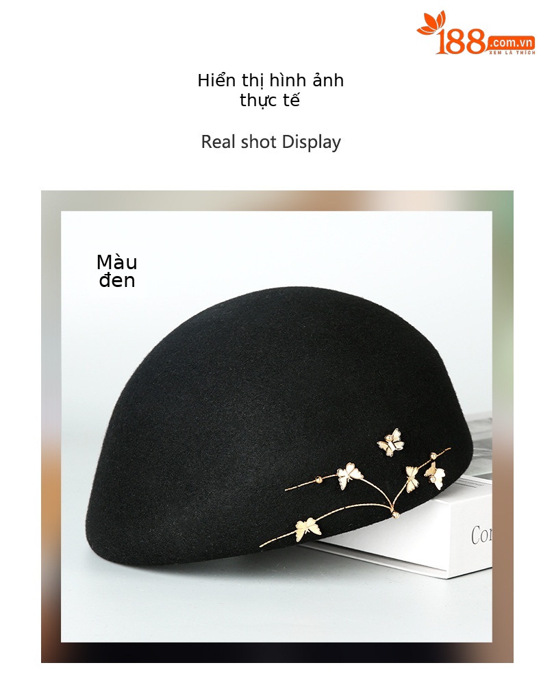 Mũ beret len nữ kiểu bướm, phong cách họa sĩ retro, ấm áp mùa thu đông — Màu đen chi tiết 7