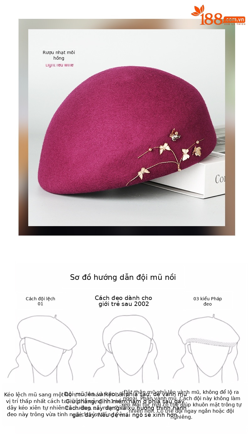 Mũ beret len nữ kiểu bướm, phong cách họa sĩ retro, ấm áp mùa thu đông — Màu đen chi tiết 11