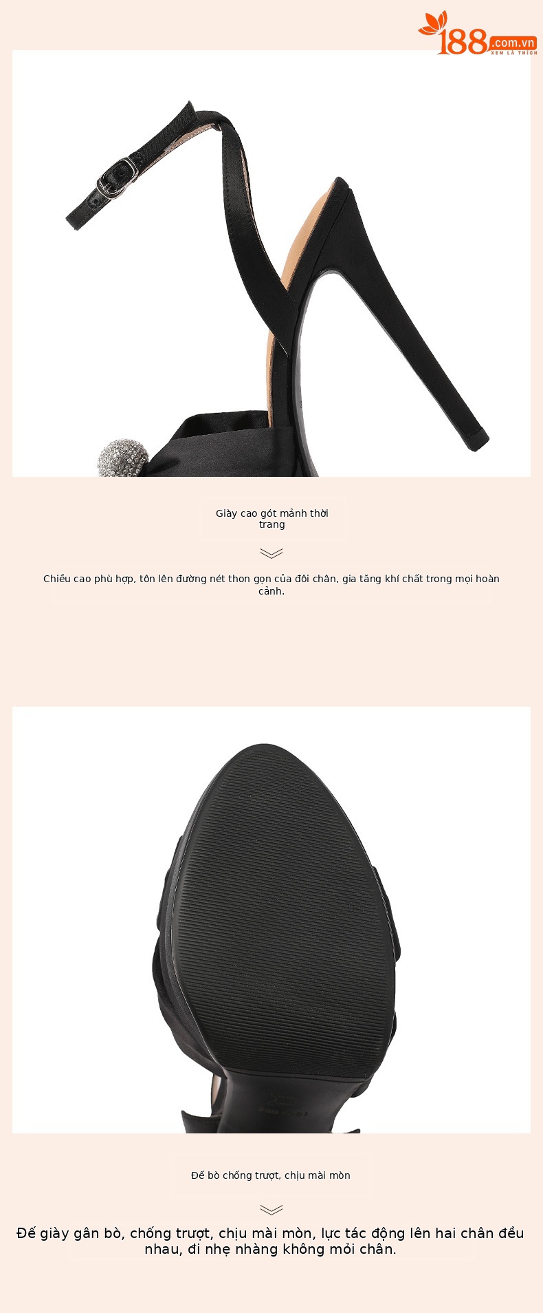 Sandal cao gót nữ satin quai ngang gót nhọn đính đá 13 cm — Màu đen chi tiết 4