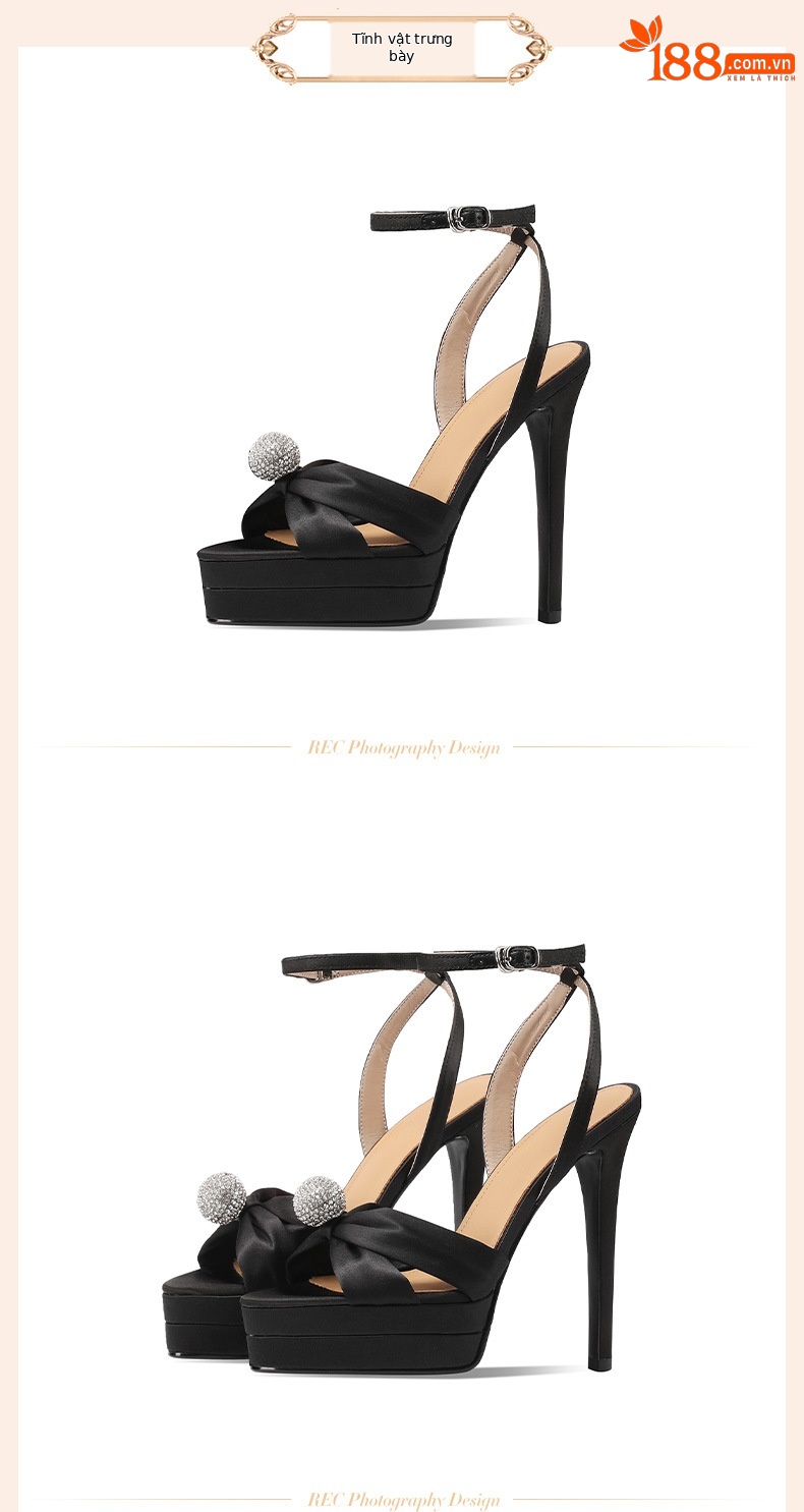Sandal cao gót nữ satin quai ngang gót nhọn đính đá 13 cm — Màu đen chi tiết 11