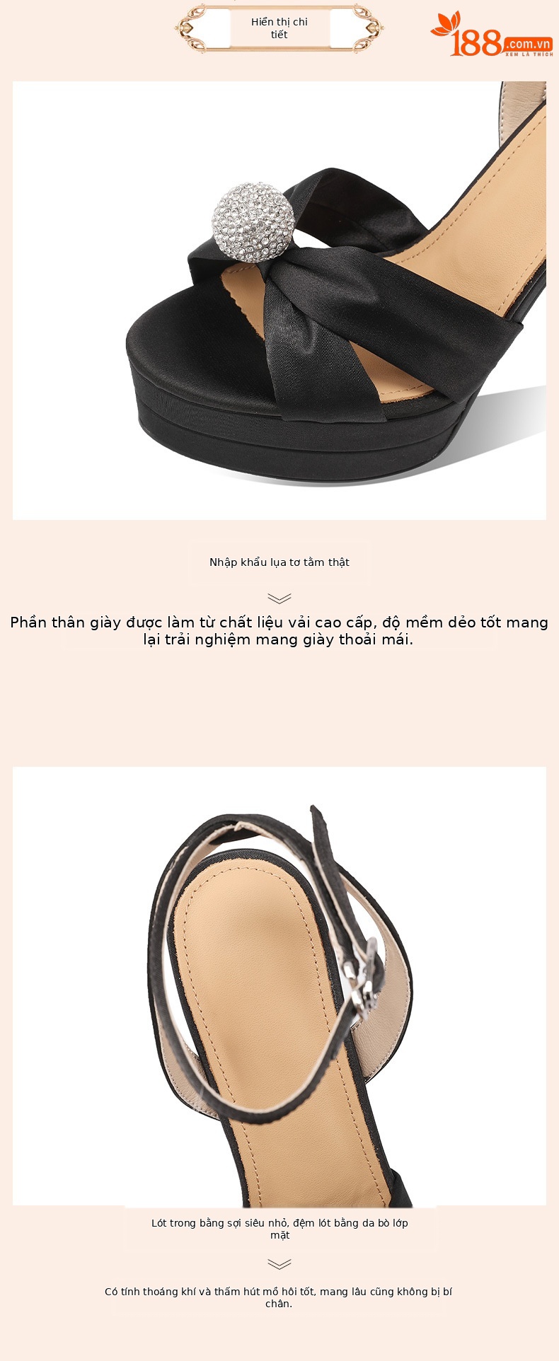Sandal cao gót nữ satin quai ngang gót nhọn đính đá 13 cm — Màu đen chi tiết 3