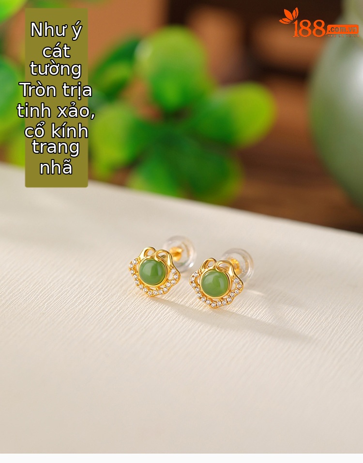 Bông tai bạc S925 mạ vàng đính ngọc bích phong cách Trung Hoa cổ điển họa tiết Ruyi rỗng — Kiểu màu bạc, Kiểu màu vàng chi tiết 1