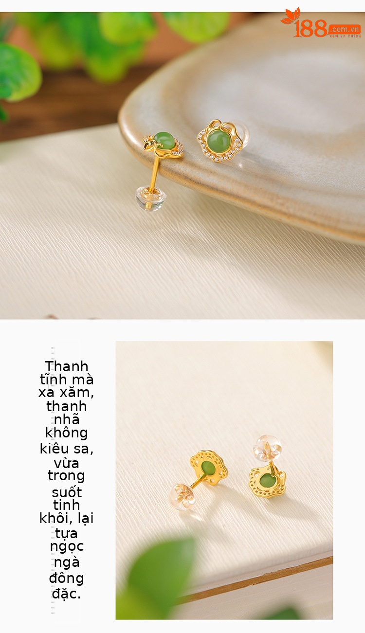 Bông tai bạc S925 mạ vàng đính ngọc bích phong cách Trung Hoa cổ điển họa tiết Ruyi rỗng — Kiểu màu bạc, Kiểu màu vàng chi tiết 3