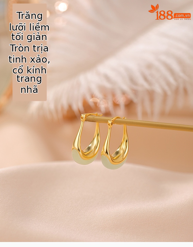 Khuyên tai nữ hình lưỡi liềm bạc S925 mạ vàng đính ngọc Hetian — Kiểu màu bạc, Kiểu màu vàng chi tiết 2