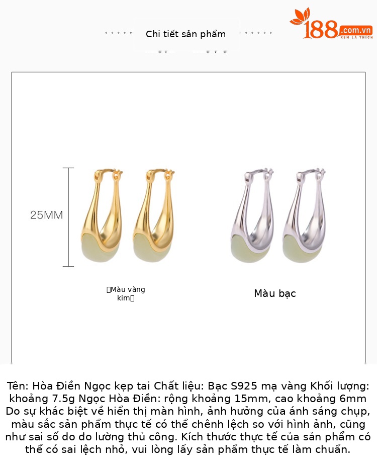Khuyên tai nữ hình lưỡi liềm bạc S925 mạ vàng đính ngọc Hetian — Kiểu màu bạc, Kiểu màu vàng chi tiết 3