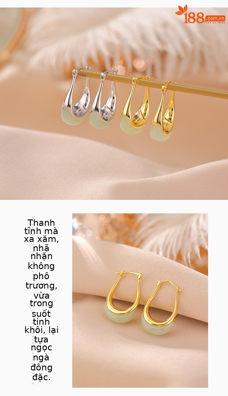 Khuyên tai nữ hình lưỡi liềm bạc S925 mạ vàng đính ngọc Hetian — Kiểu màu bạc, Kiểu màu vàng chi tiết 4
