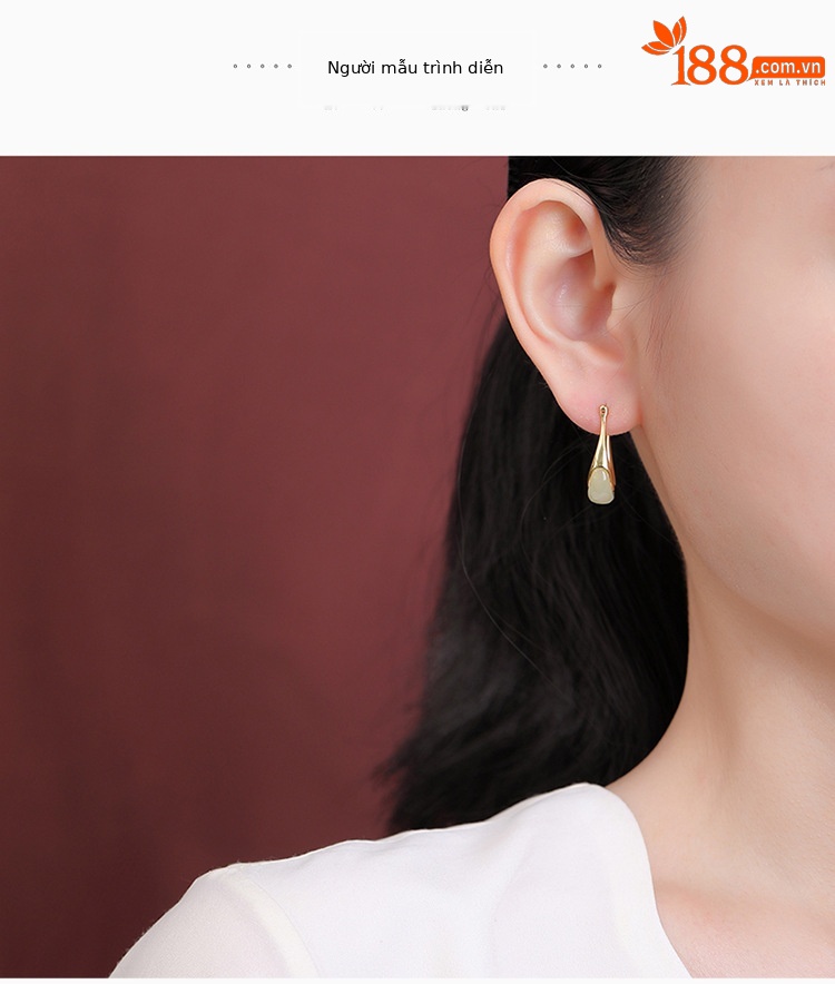 Khuyên tai nữ hình lưỡi liềm bạc S925 mạ vàng đính ngọc Hetian — Kiểu màu bạc, Kiểu màu vàng chi tiết 7