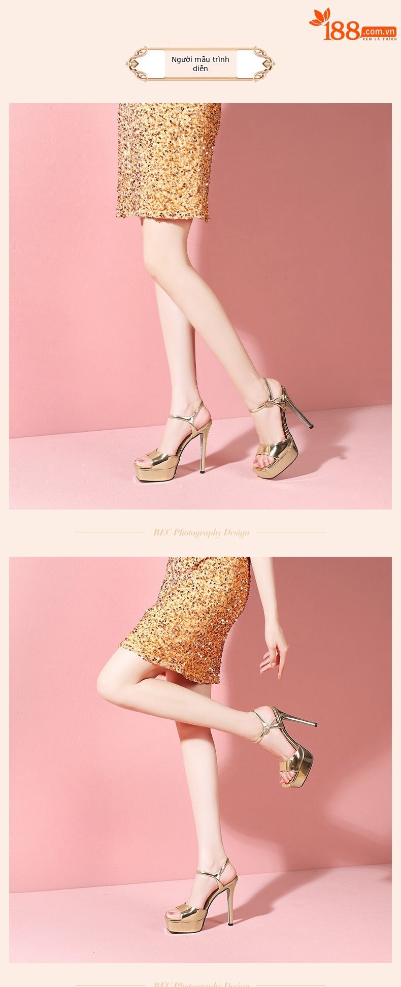 Sandal nữ cao gót hở mũi phong cách Âu Mỹ, gót nhọn 13 cm, đế platform, màu bạc — Màu vàng chi tiết 8