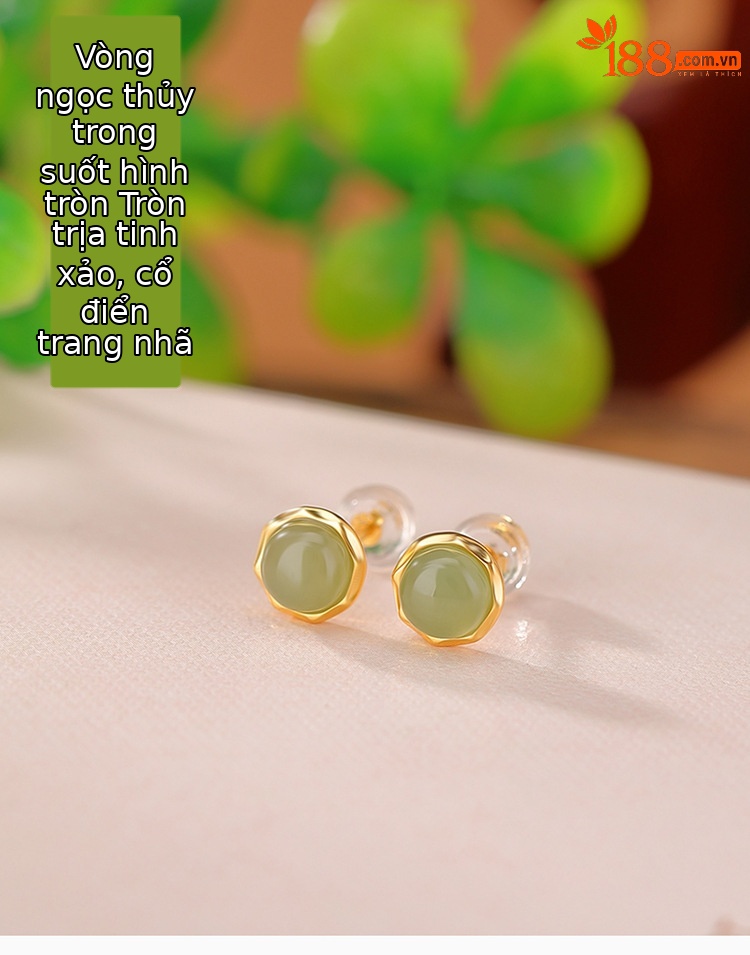 Bông tai hạt tròn hình học mạ vàng bạc S925 đính ngọc bích — Một cặp chi tiết 1