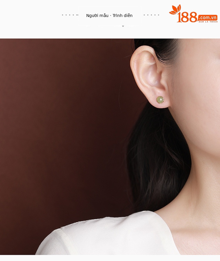 Bông tai hạt tròn hình học mạ vàng bạc S925 đính ngọc bích — Một cặp chi tiết 3