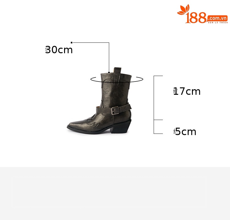 Boot nữ cao gót mũi nhọn chữ V kiểu cowboy gót thô khóa thắt lưng — Màu nâu [lót nhung] chi tiết 6