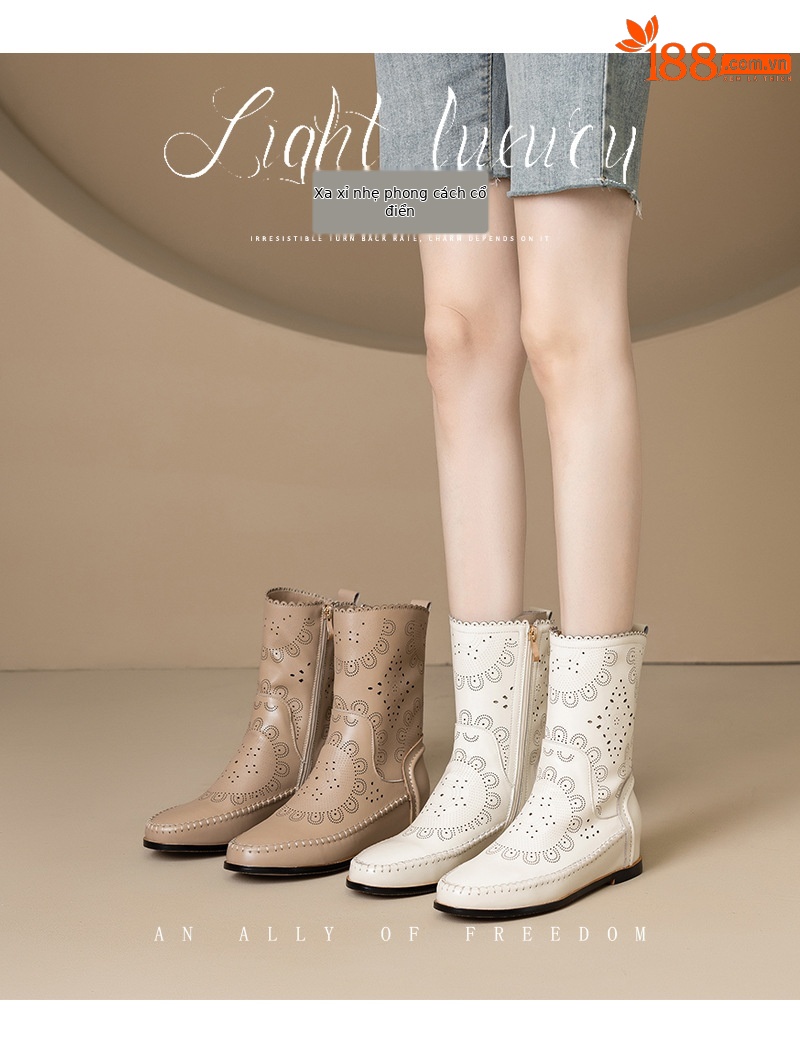Boot nữ cổ thấp da bò đục lỗ đế xuồng đốt hoa — Màu be [lót một lớp] chi tiết 1