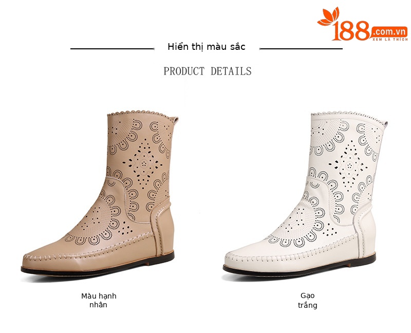 Boot nữ cổ thấp da bò đục lỗ đế xuồng đốt hoa — Màu be [lót một lớp] chi tiết 3