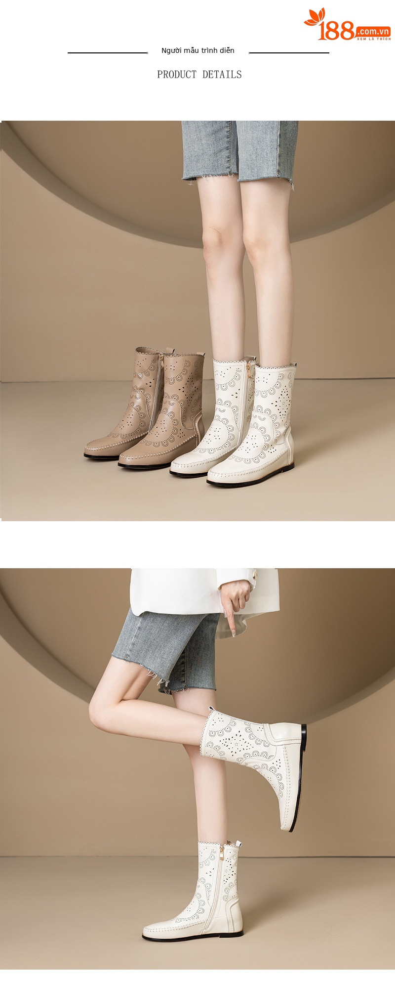 Boot nữ cổ thấp da bò đục lỗ đế xuồng đốt hoa — Màu be [lót một lớp] chi tiết 4