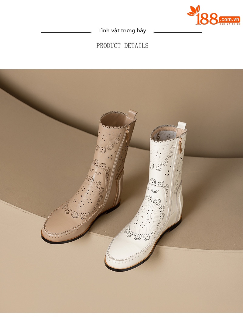 Boot nữ cổ thấp da bò đục lỗ đế xuồng đốt hoa — Màu be [lót một lớp] chi tiết 11