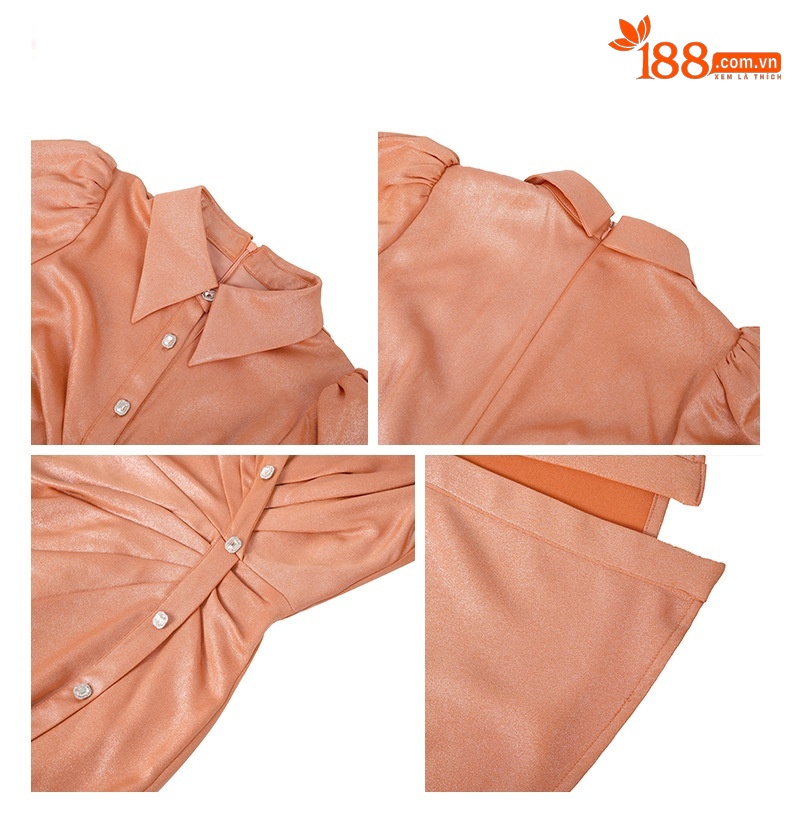 Váy bodycon cổ polo xếp ly xẻ tà bất đối xứng khuy cài đơn — Màu cam chi tiết 2