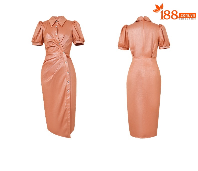 Váy bodycon cổ polo xếp ly xẻ tà bất đối xứng khuy cài đơn — Màu cam chi tiết 3