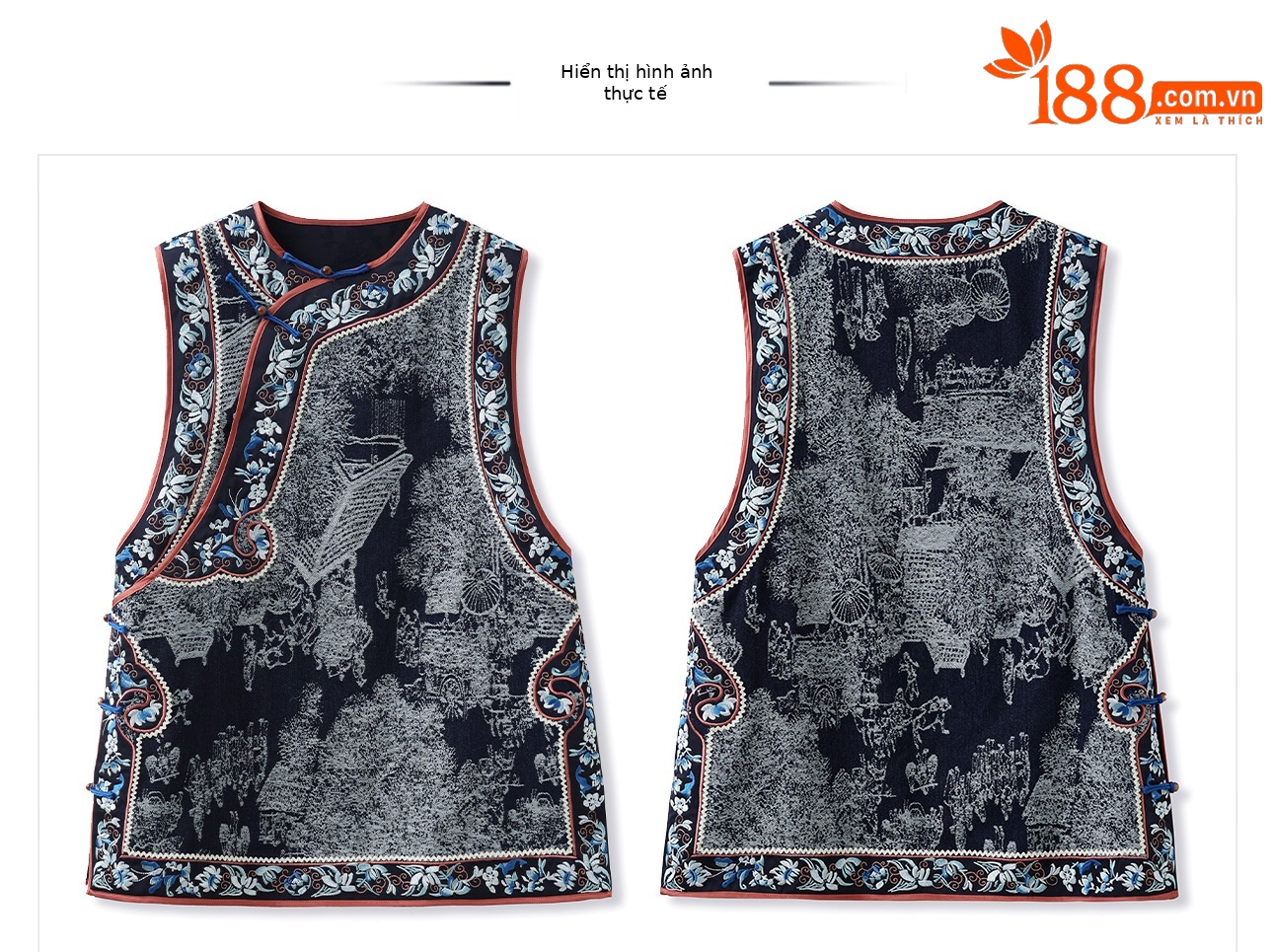 Áo vest khoác nữ phong cách quốc gia in họa tiết cổ điển, cài nút, dáng rộng — Màu xanh lam chi tiết 14