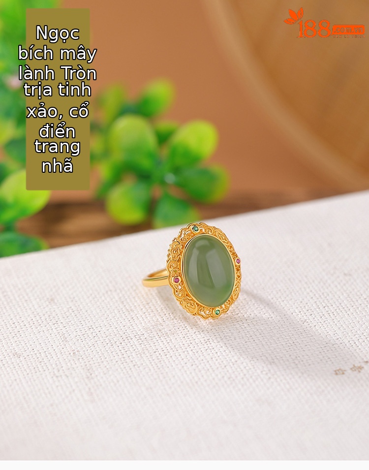 Nhẫn bạc S925 mạ vàng mặt ngọc bích jasper phong cách Trung Hoa họa tiết mây lành Ruyi — Bạc 925 chi tiết 1