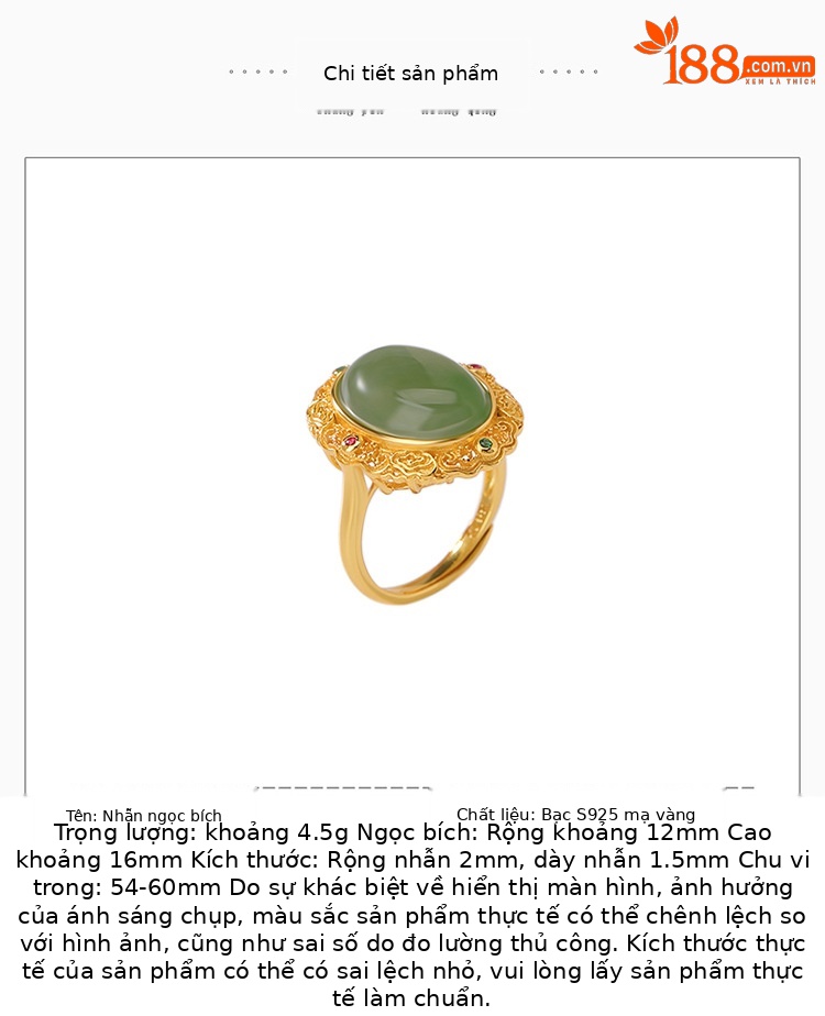 Nhẫn bạc S925 mạ vàng mặt ngọc bích jasper phong cách Trung Hoa họa tiết mây lành Ruyi — Bạc 925 chi tiết 2