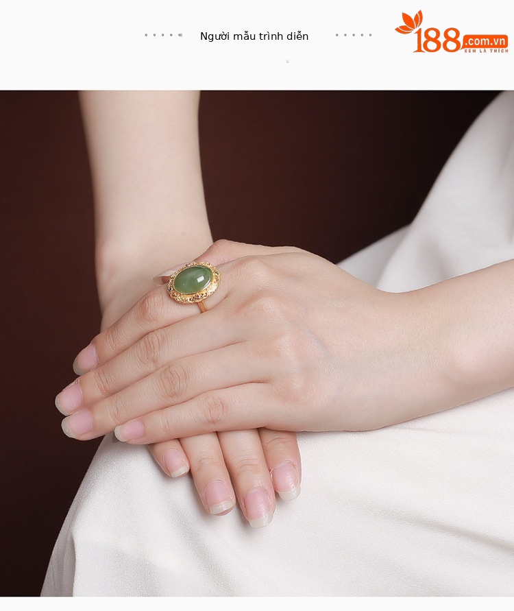 Nhẫn bạc S925 mạ vàng mặt ngọc bích jasper phong cách Trung Hoa họa tiết mây lành Ruyi — Bạc 925 chi tiết 4