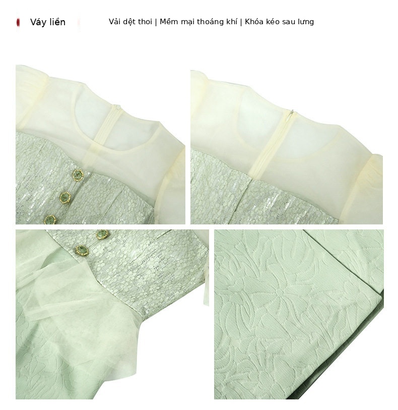 Đầm suông midi phối túi đeo hông dây kéo, thiết kế giả hai lớp tay ngắn cổ vuông — [Xanh nhạt] chi tiết 2