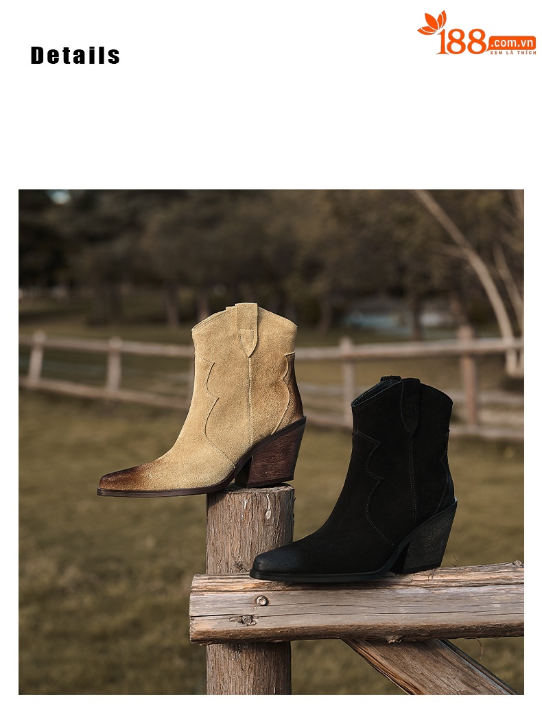 Boot cao bồi nữ da lộn mũi nhọn gót thô cổ thấp — Lớp lót nhung màu kaki chi tiết 2