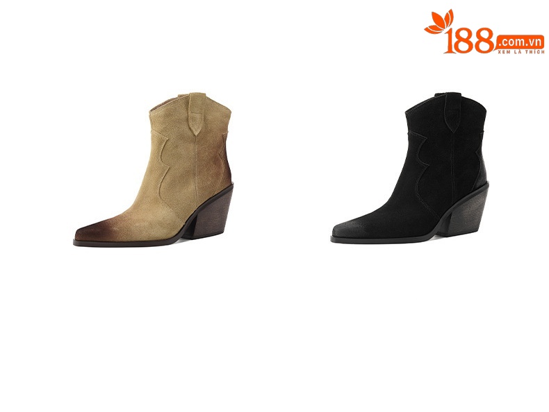 Boot cao bồi nữ da lộn mũi nhọn gót thô cổ thấp — Lớp lót nhung màu kaki chi tiết 4