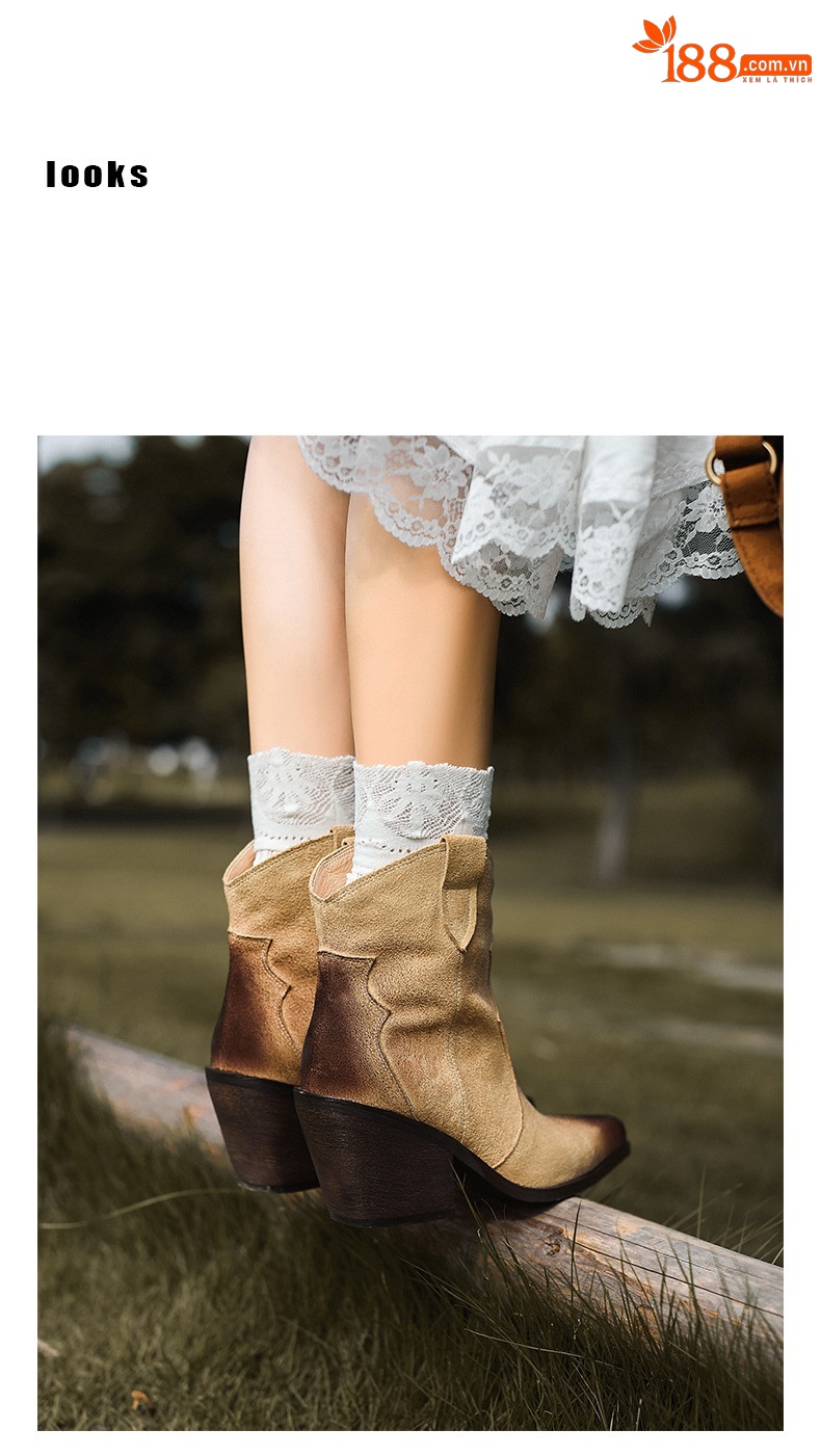 Boot cao bồi nữ da lộn mũi nhọn gót thô cổ thấp — Lớp lót nhung màu kaki chi tiết 10