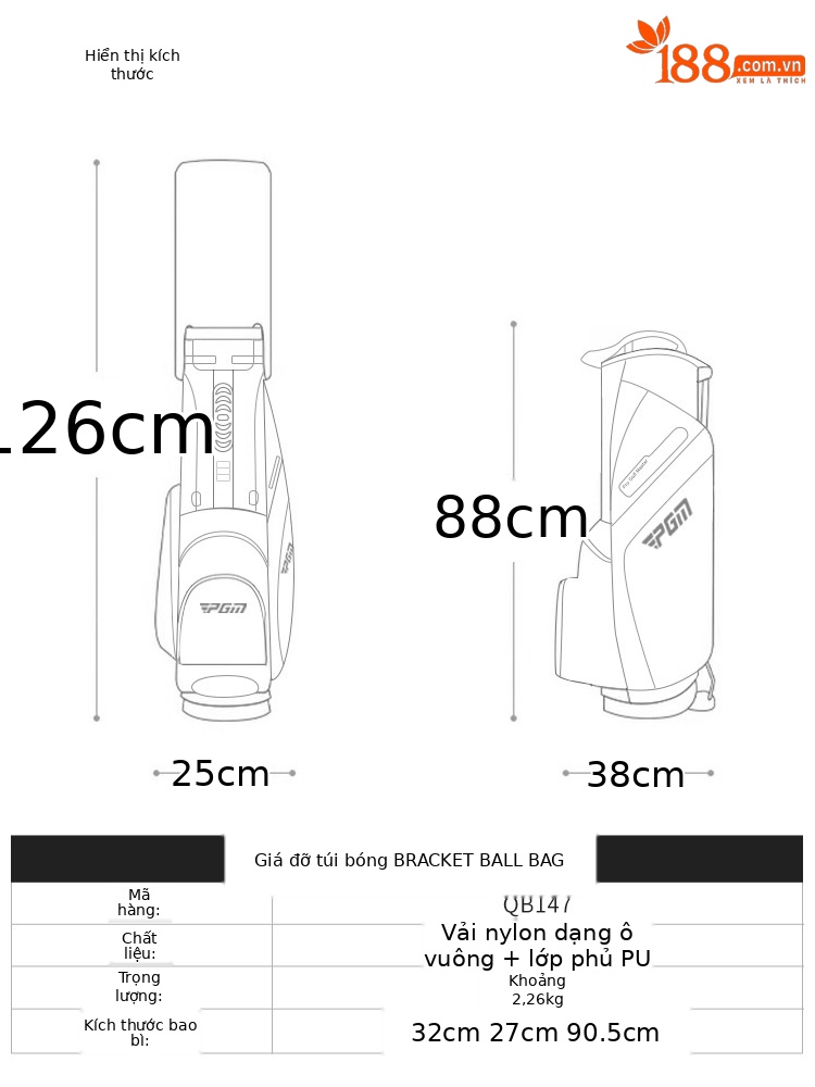 Túi đựng gậy golf PGM siêu nhẹ có chân đế, cao 126 cm, 14 ngăn — QB147-Đen trắng, QB147-Đen đỏ