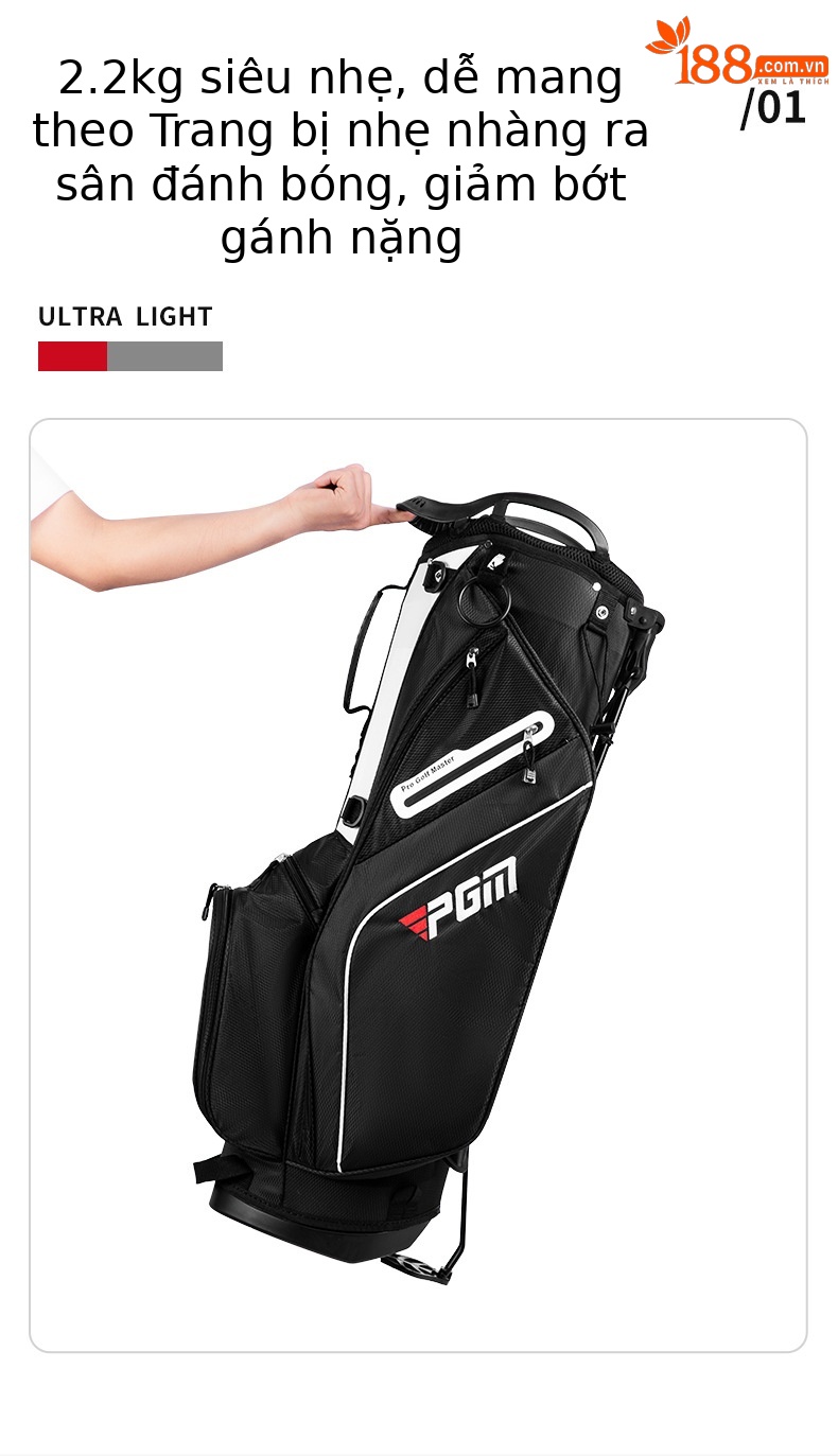 Túi đựng gậy golf PGM siêu nhẹ có chân đế, cao 126 cm, 14 ngăn — QB147-Đen trắng, QB147-Đen đỏ chi tiết 4